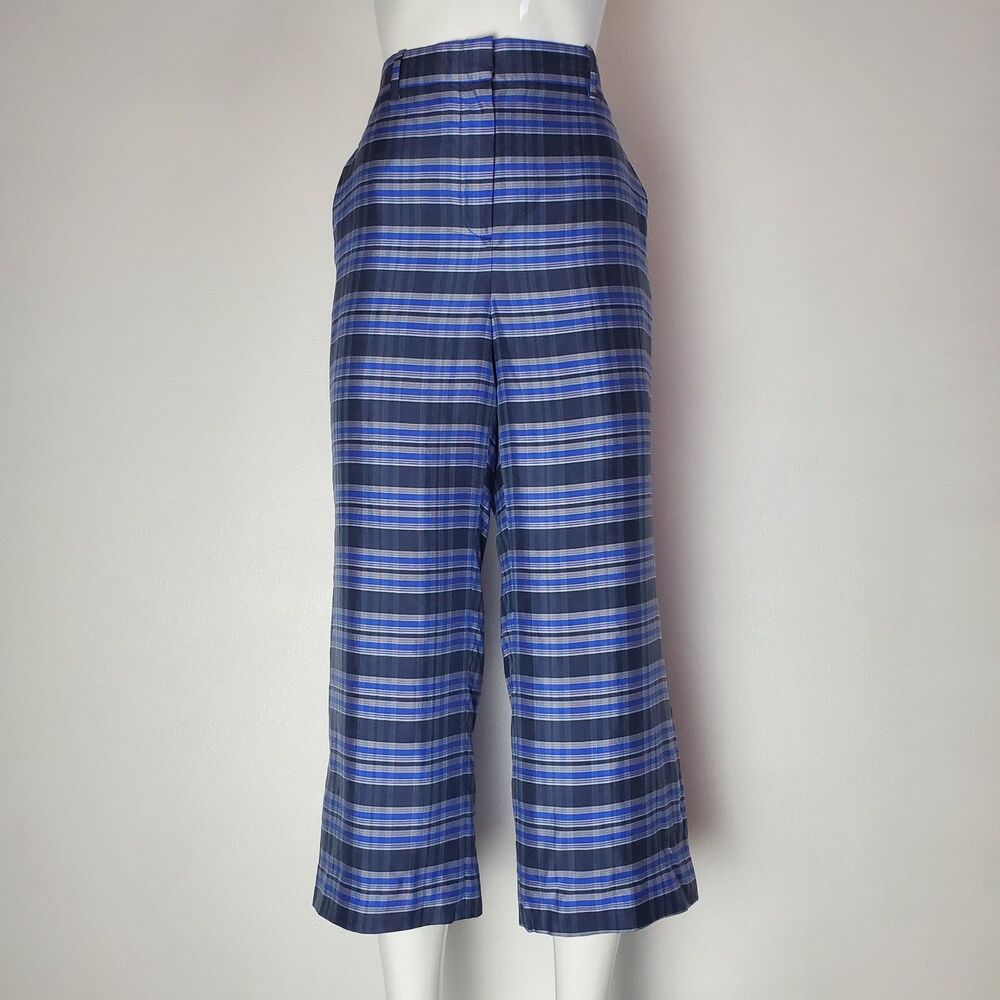 J. Crew Blue Plaid Silk Cropped Wide Leg Trousers